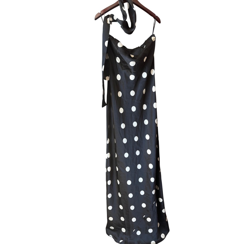 Reformation Oren Silk Dress Black White Polka Dot Scarf Neck Strapless Maxi NEW - Picture 5 of 6